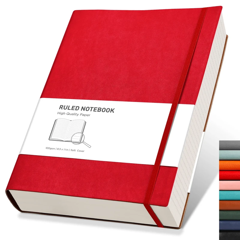 RETTACY A4 Lined Notebook College Ruled/Thick Journal - Extra Large Softcover Composition Notebooks with 2 Free Sticky Notes 320 Pages,Faux Leather, Inner Pocket 21.5 x 27.9cm - Red
