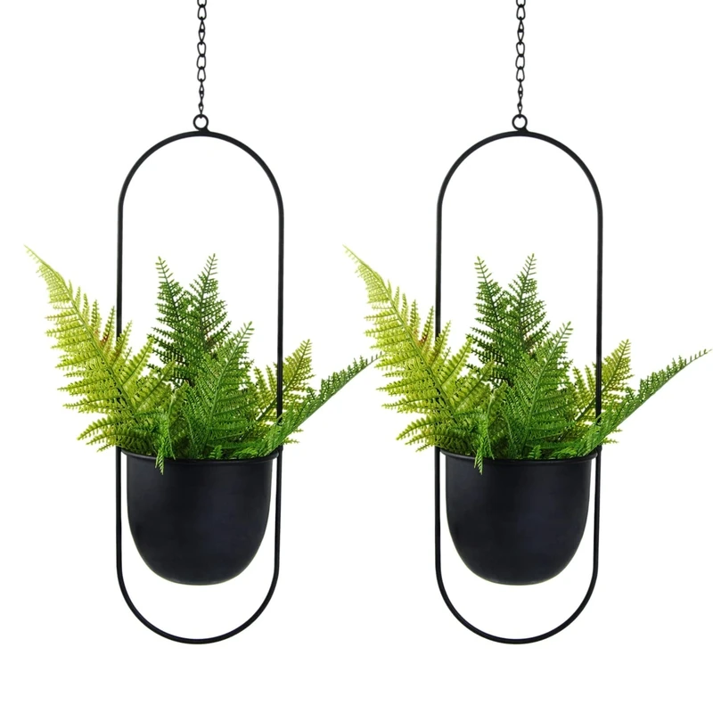 HemePaha Metal Oval Hanging Planter, Set of 2 Black Geometric Plant Hangers with 6 inch Flower Pots in Oval Shape, Modern Wall and Ceiling Plant Holders for Indoor Outdoor Plants Home Décor