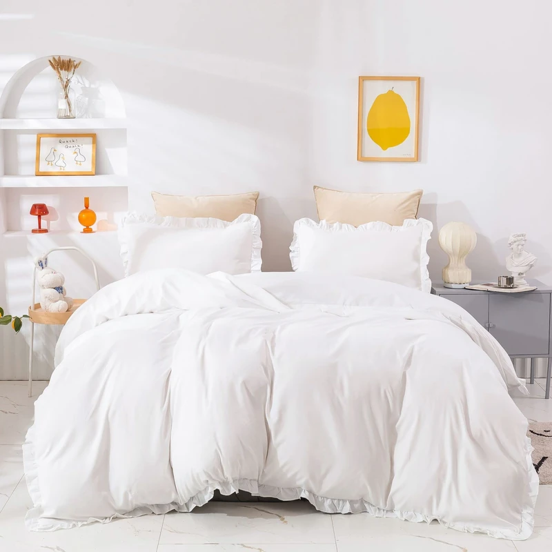 Pureant White Ruffle Comforter Queen Boho White Lace Bedding Vintage Bed