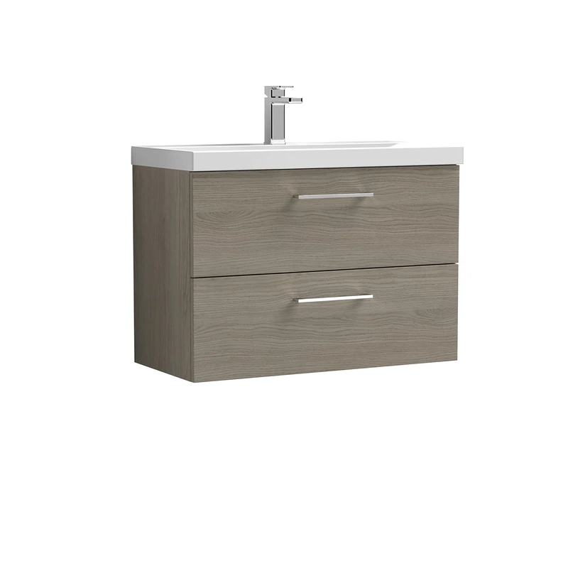 nuie ARN2526A Arno Modern Bathroom Wall Hung 2 Drawer Vanity Unit with Mid-Edge Ceramic Basin, 800mm, Woodgrain Solace Oak
