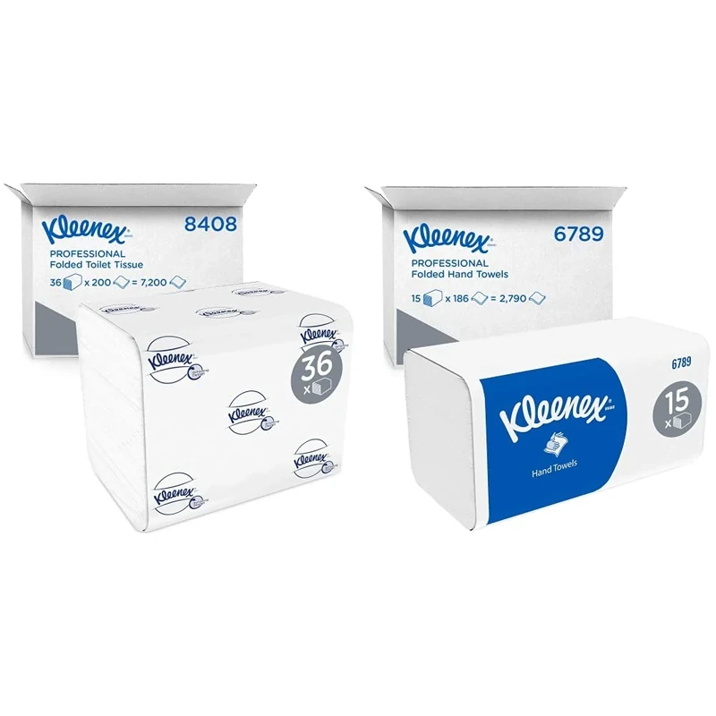 Kleenex Paper Towels with Interfold 6789-2-ply Paper Towels with V-fold - 15 Packs x 186 Towels & Folded Toilet Tissue 8408-2 Ply Bulk Toilet Paper - 36 Packs x 200 Toilet Paper Sheets
