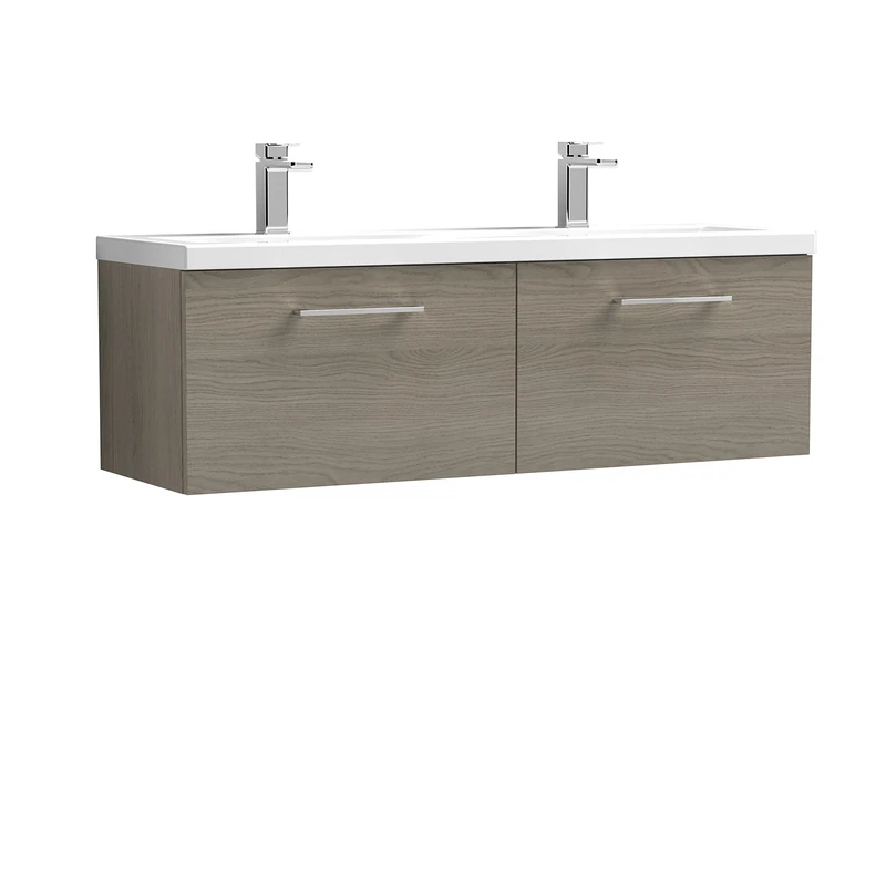 nuie Modern Bathroom Wall Hung 2 Drawer Double Vanity Unit with Twin Ceramic Basin, Solace Oak, 1200mm