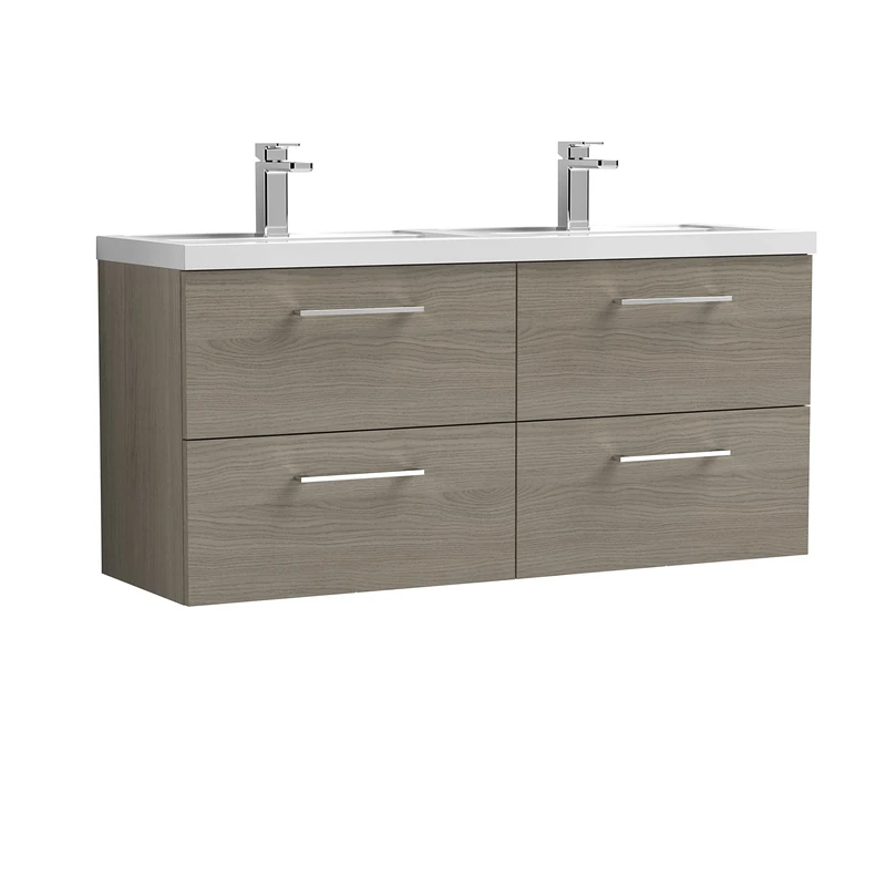 nuie ARN2524C Arno Modern Bathroom Wall Hung 4 Drawer Double Vanity Unit with Twin Polymarble Basin, Solace Oak