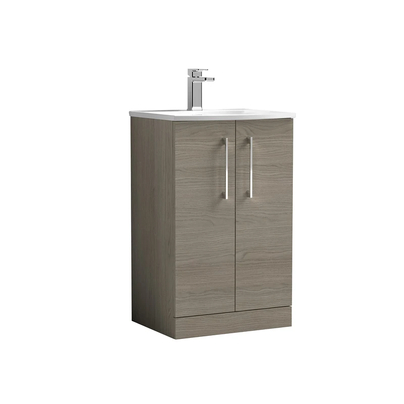 nuie ARN2501G Arno Modern Bathroom Floor Standing 2 Door Vanity Unit with Curved Ceramic Basin, Solace Oak
