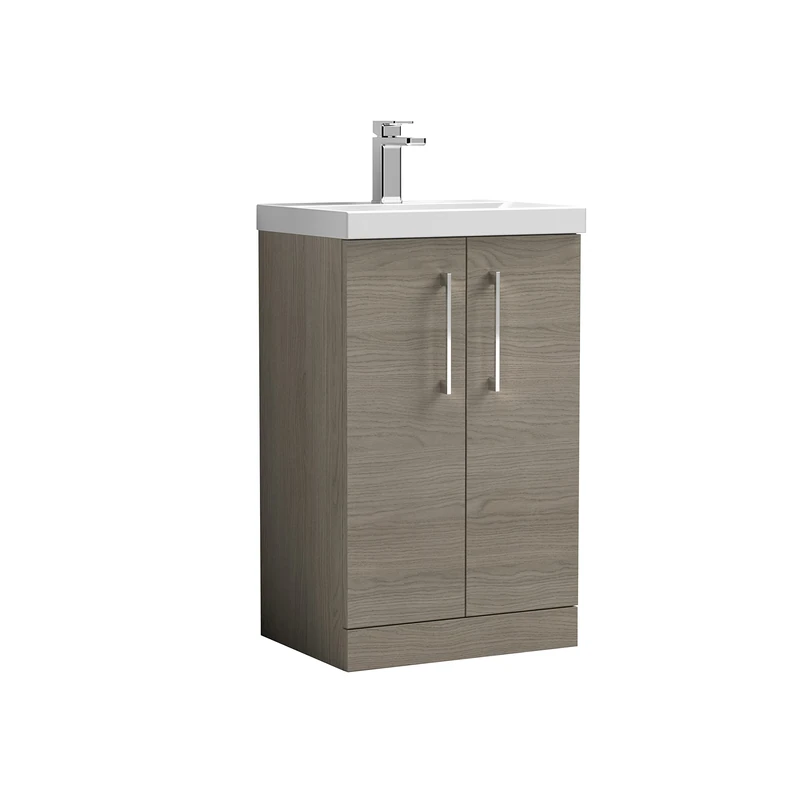 nuie ARN2501D Arno Modern Bathroom Floor Standing 2 Door Vanity Unit with Thin-Edge Ceramic Basin, Solace Oak