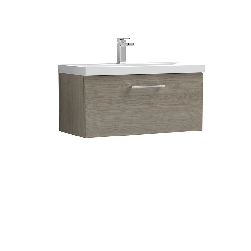 nuie ARN2525A Arno Modern Bathroom Wall Hung 1 Drawer Vanity Unit with Mid-Edge Ceramic Basin, Solace Oak