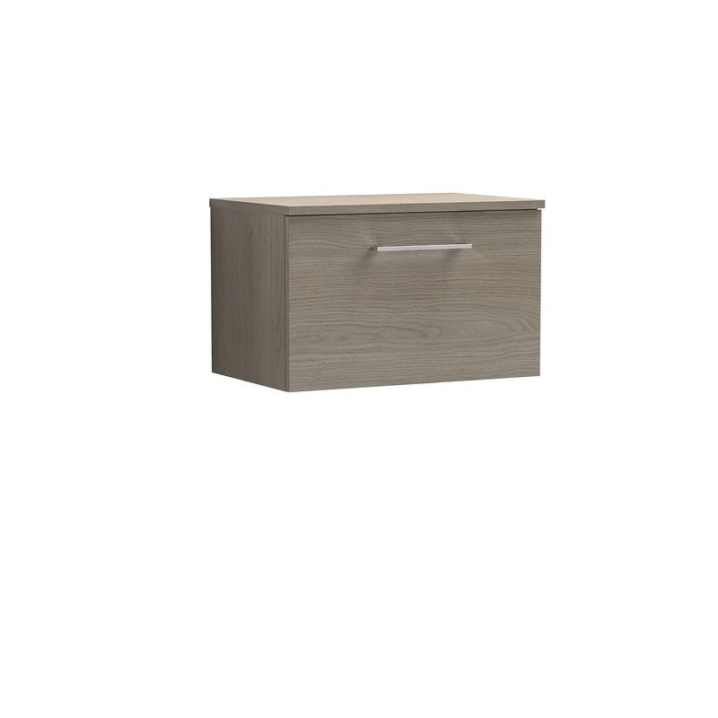 nuie Modern Bathroom Wall Hung 1 Drawer Vanity Unit with Colour Worktop, Solace Oak, 600mm - Image 1