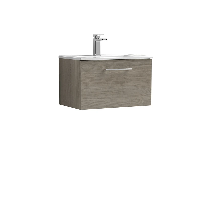 nuie Modern Bathroom Wall Hung 1 Drawer Vanity Unit with Minimalist Ceramic Basin, Solace Oak, 600mm