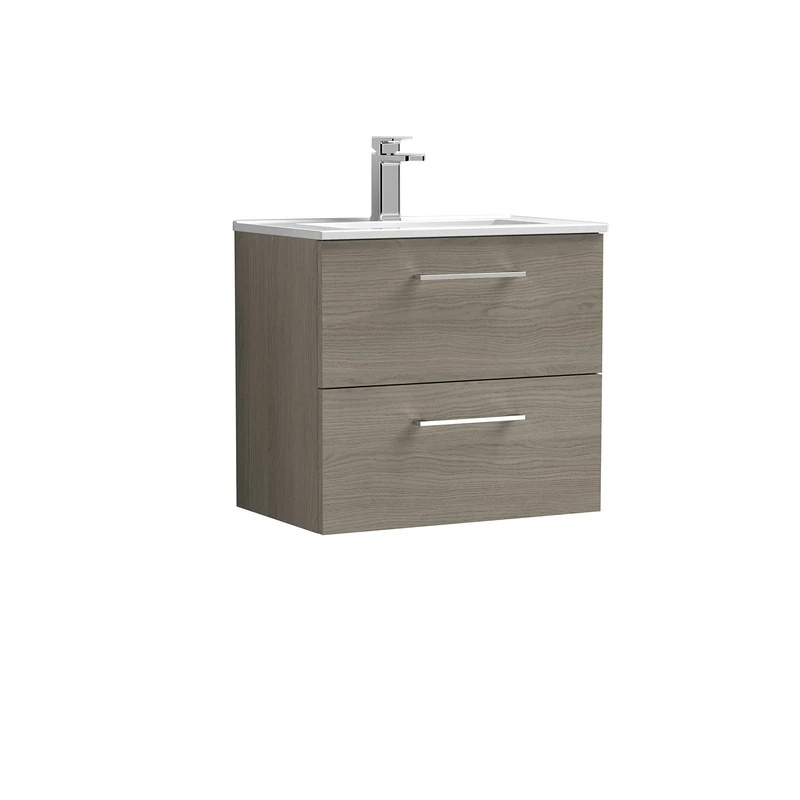 nuie ARN2524B Arno Modern Bathroom Wall Hung 2 Drawer Vanity Unit with Minimalist Ceramic Basin, Solace Oak