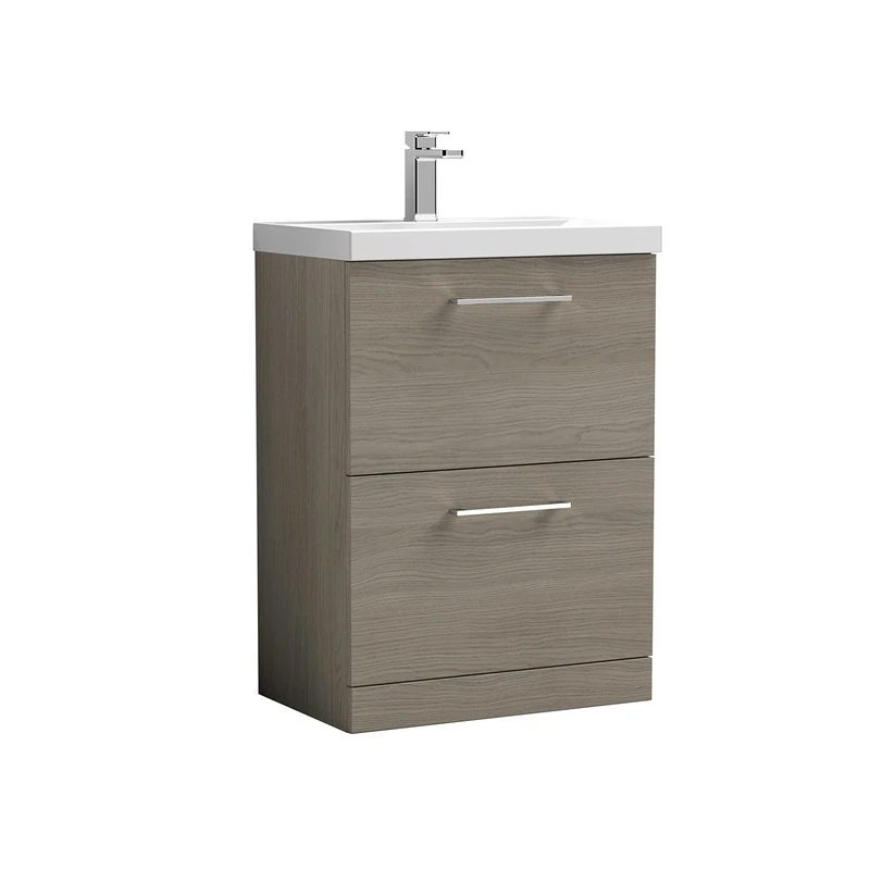 nuie ARN2533A Arno Modern Bathroom Floor Standing 2 Drawer Vanity Unit with Mid-Edge Ceramic Basin, Solace Oak