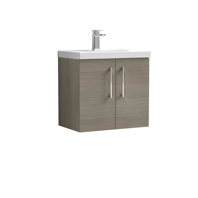 nuie ARN2523D Arno Modern Bathroom Wall Hung 2 Door Vanity Unit with Thin-Edge Ceramic Basin, Solace Oak