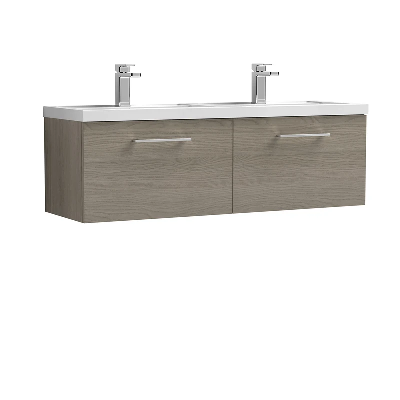 nuie Modern Bathroom Wall Hung 2 Drawer Double Vanity Unit with Twin Polymarble Basin, Solace Oak, 1200mm
