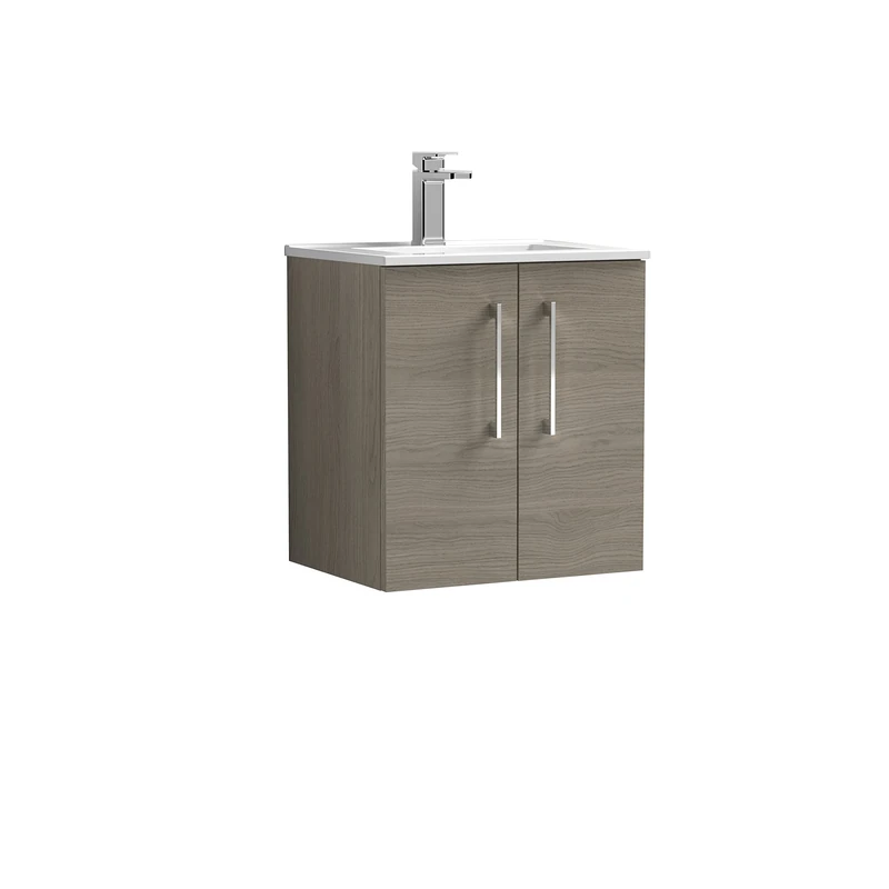 nuie ARN2521B Arno Modern Bathroom Wall Hung 2 Door Vanity Unit with Minimalist Ceramic Basin, Solace Oak