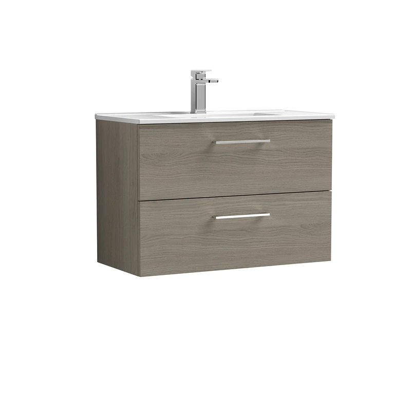 nuie ARN2526B Arno Modern Bathroom Wall Hung 2 Drawer Vanity Unit with Minimalist Ceramic Basin, Solace Oak