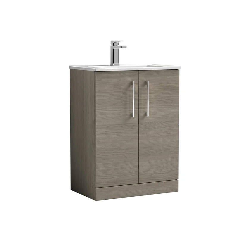 nuie ARN2503B Arno Modern Bathroom Floor Standing 2 Door Vanity Unit with Minimalist Ceramic Basin, 600mm, Woodgrain Solace Oak