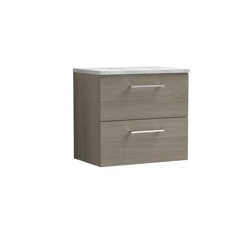nuie ARN2524LBG Arno Modern Bathroom Wall Hung 2 Drawer Vanity Unit with Laminate Worktop, Solace Oak
