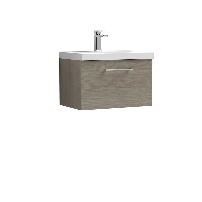 nuie ARN2522A Arno Modern Bathroom Wall Hung 1 Drawer Vanity Unit with Mid-Edge Ceramic Basin, 600mm, Woodgrain Solace Oak