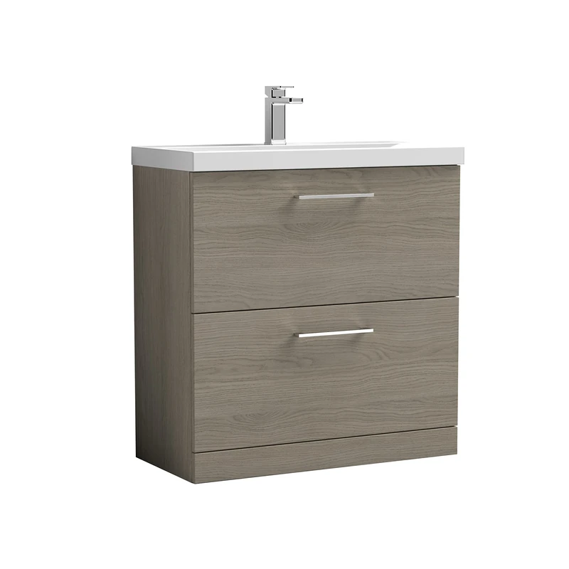 nuie ARN2535D Arno Modern Bathroom Floor Standing 2 Drawer Vanity Unit with Thin-Edge Ceramic Basin, Solace Oak