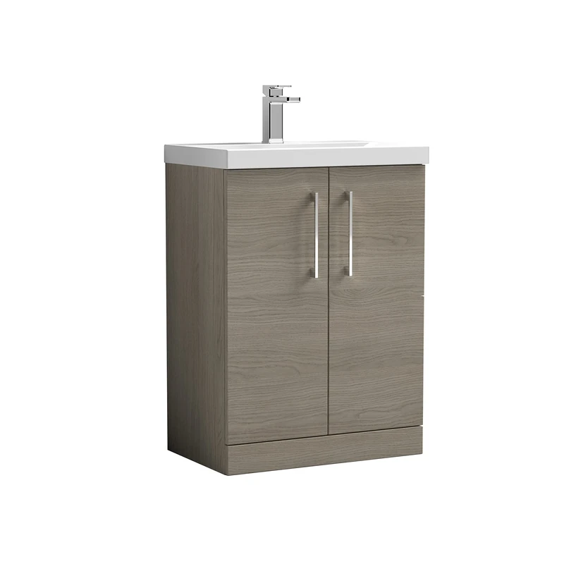 nuie ARN2503D Arno Modern Bathroom Floor Standing 2 Door Vanity Unit with Thin-Edge Ceramic Basin, Solace Oak