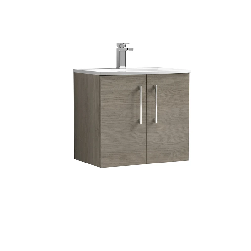 nuie ARN2523G Arno Modern Bathroom Wall Hung 2 Door Vanity Unit with Curved Ceramic Basin, Solace Oak