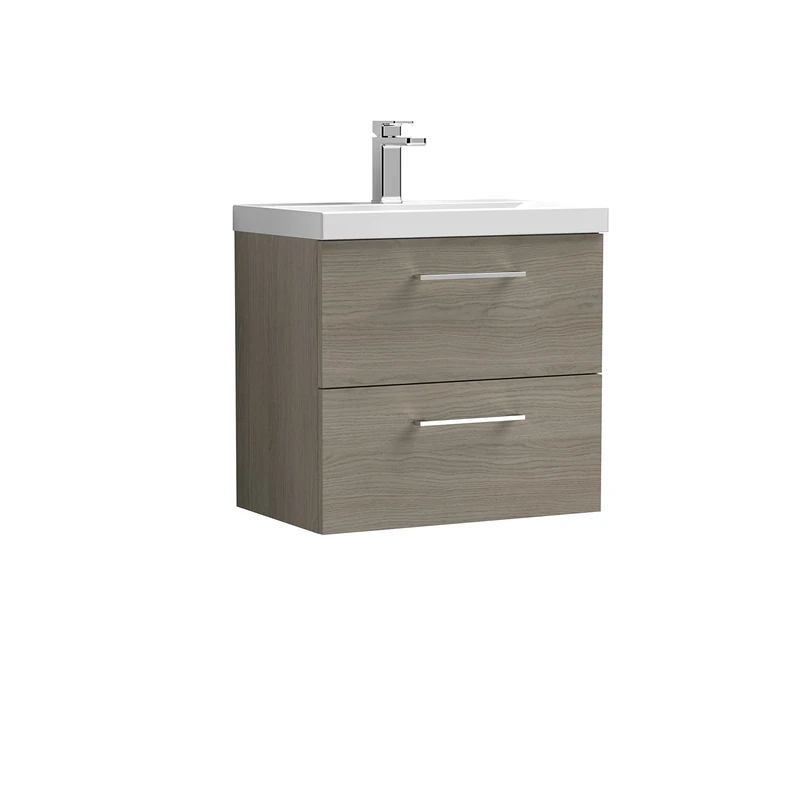 nuie ARN2524A Arno Modern Bathroom Wall Hung 2 Drawer Vanity Unit with Mid-Edge Ceramic Basin, Solace Oak