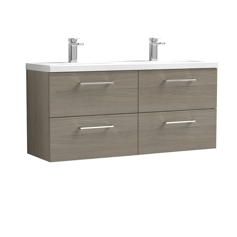 nuie ARN2524F Arno Modern Bathroom Wall Hung 4 Drawer Double Vanity Unit with Twin Ceramic Basin, Solace Oak