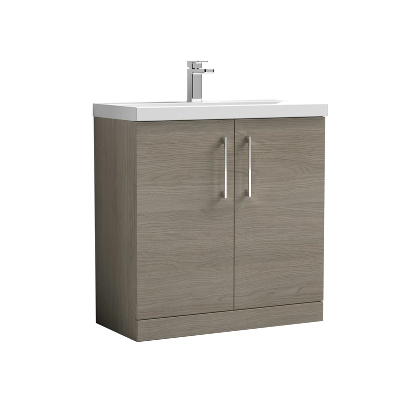 nuie ARN2505D Arno Modern Bathroom Floor Standing 2 Door Vanity Unit with Thin-Edge Ceramic Basin, Solace Oak