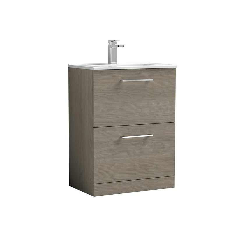 nuie ARN2533B Arno Modern Bathroom Floor Standing 2 Drawer Vanity Unit with Minimalist Ceramic Basin, Solace Oak