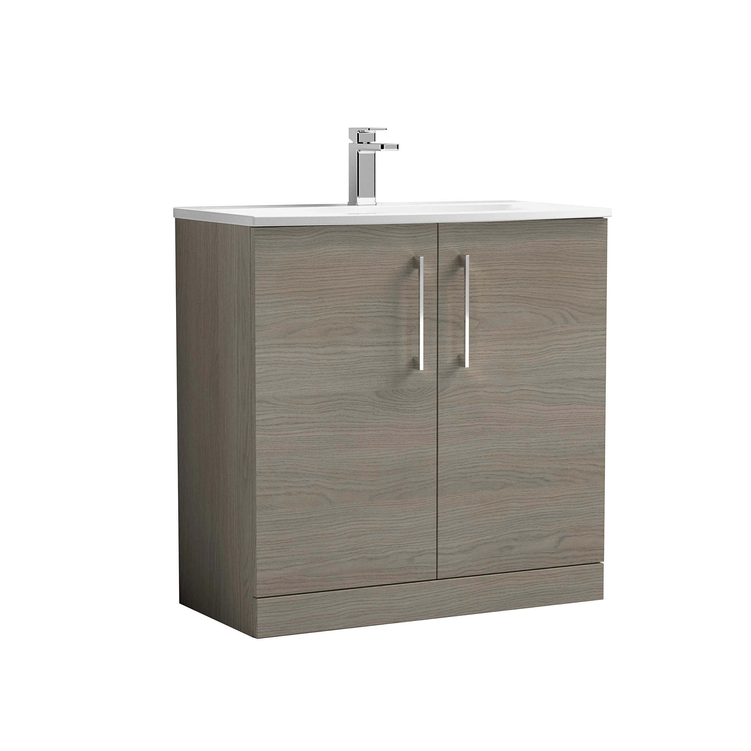 nuie ARN2505G Arno Modern Bathroom Floor Standing 2 Door Vanity Unit with Curved Ceramic Basin, 800mm, Woodgrain Solace Oak
