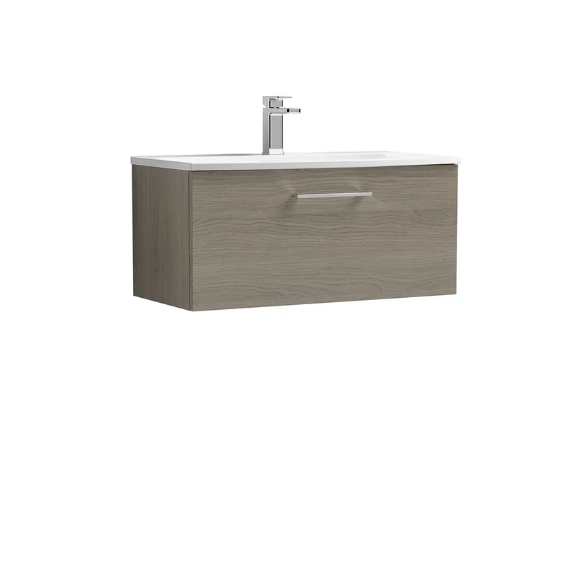 nuie ARN2525G Arno Modern Bathroom Wall Hung 1 Drawer Vanity Unit with Curved Ceramic Basin, 800mm, Woodgrain Solace Oak