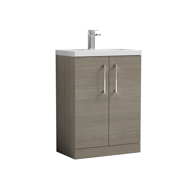 nuie PAL123 Arno Compact Modern Bathroom Floor Standing Slimline 2 Door Vanity Unit and Polymarble Basin, 600mm, Woodgrain Solace Oak