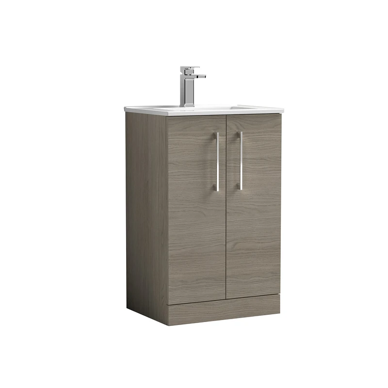 nuie ARN2501B Arno Modern Bathroom Floor Standing 2 Door Vanity Unit with Minimalist Ceramic Basin, 500mm, Woodgrain Solace Oak