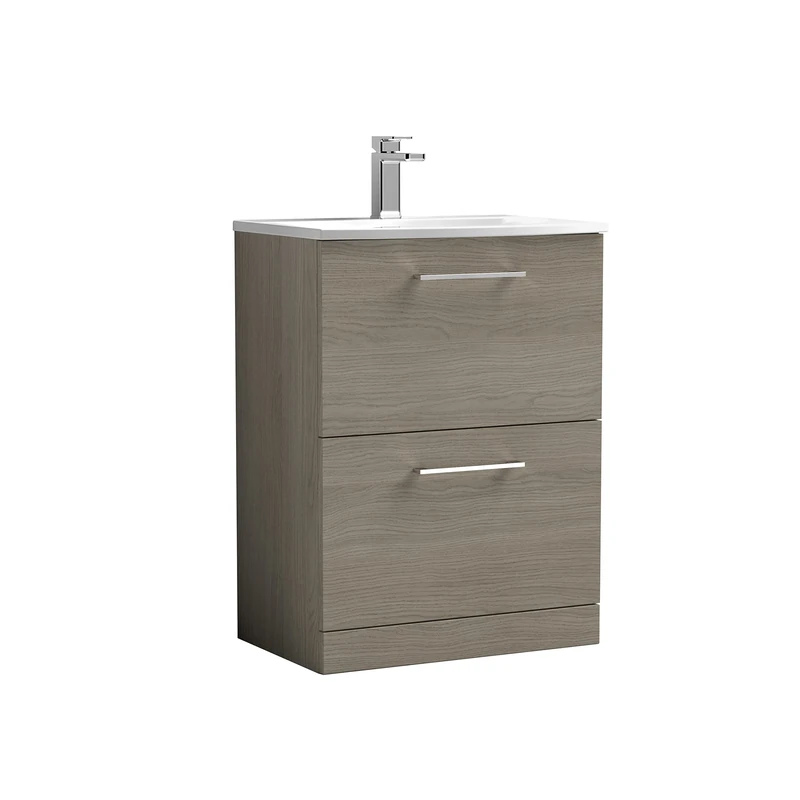 nuie ARN2533G Arno Modern Bathroom Floor Standing 2 Drawer Vanity Unit with Curved Ceramic Basin, Solace Oak