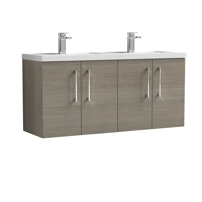 nuie ARN2523C Arno Modern Bathroom Wall Hung 4 Door Double Vanity Unit with Twin Polymarble Basin, Solace Oak