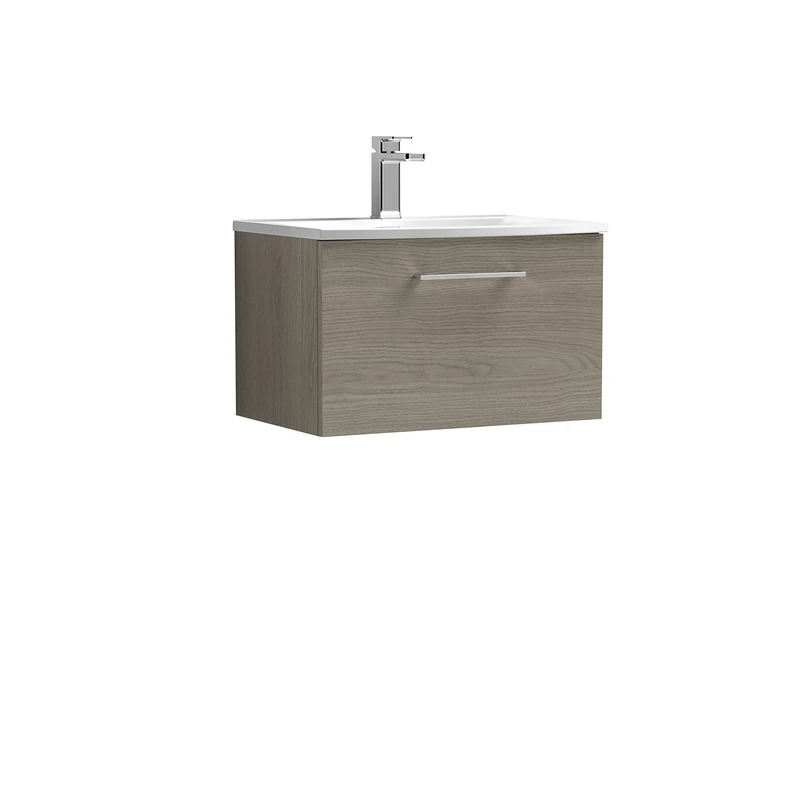 nuie ARN2522G Arno Modern Bathroom Wall Hung 1 Drawer Vanity Unit with Curved Ceramic Basin, 600mm, Woodgrain Solace Oak