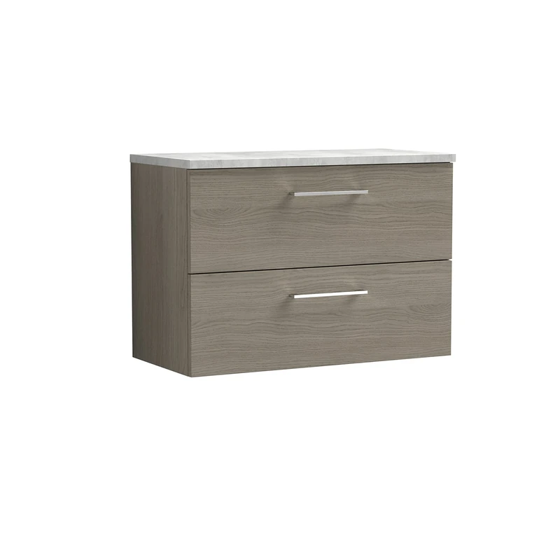 nuie ARN2526LBG Arno Modern Bathroom Wall Hung 2 Drawer Vanity Unit with Laminate Worktop, Solace Oak