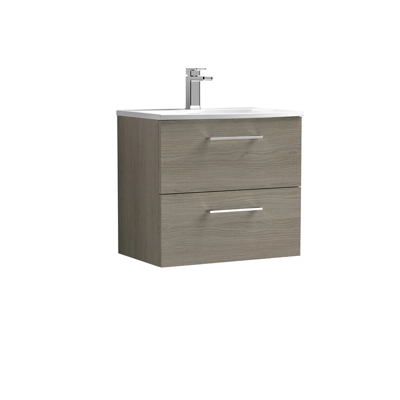 nuie ARN2524G Arno Modern Bathroom Wall Hung 2 Drawer Vanity Unit with Curved Ceramic Basin, Solace Oak