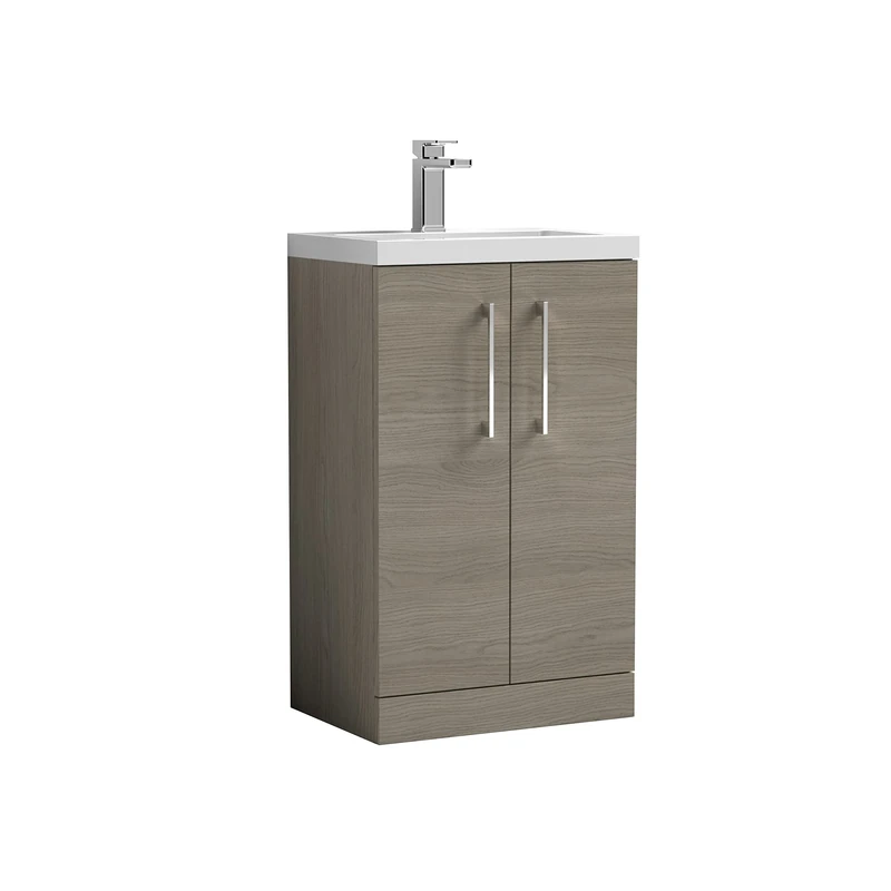 nuie PAL122E Arno Compact Modern Bathroom Floor Standing Slimline 2 Door Vanity Unit and Ceramic Basin, Solace Oak
