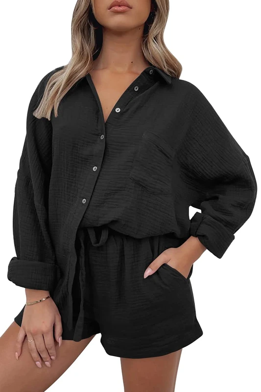 AUTOMET Women's 2 Piece Lounge Sets Casual Comfy Outfits Long Sleeve Button Down Oversized Shirts And Shorts Fall Tracksuit, Black, Large