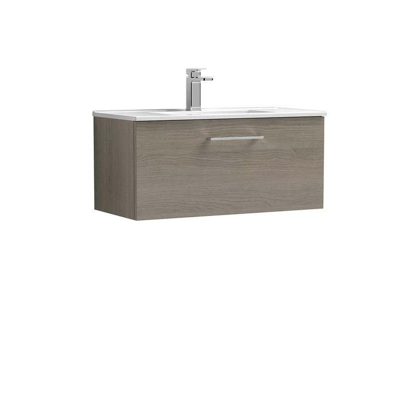 nuie ARN2525B Arno Modern Bathroom Wall Hung 1 Drawer Vanity Unit with Minimalist Ceramic Basin, Solace Oak