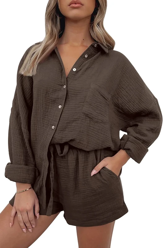 AUTOMET 2 Piece Outfits For Women Lounge Sets Pajama Sets Long Sleeve Button Down Oversized Shirts And Shorts Fall Tracksuit, 01brown, M