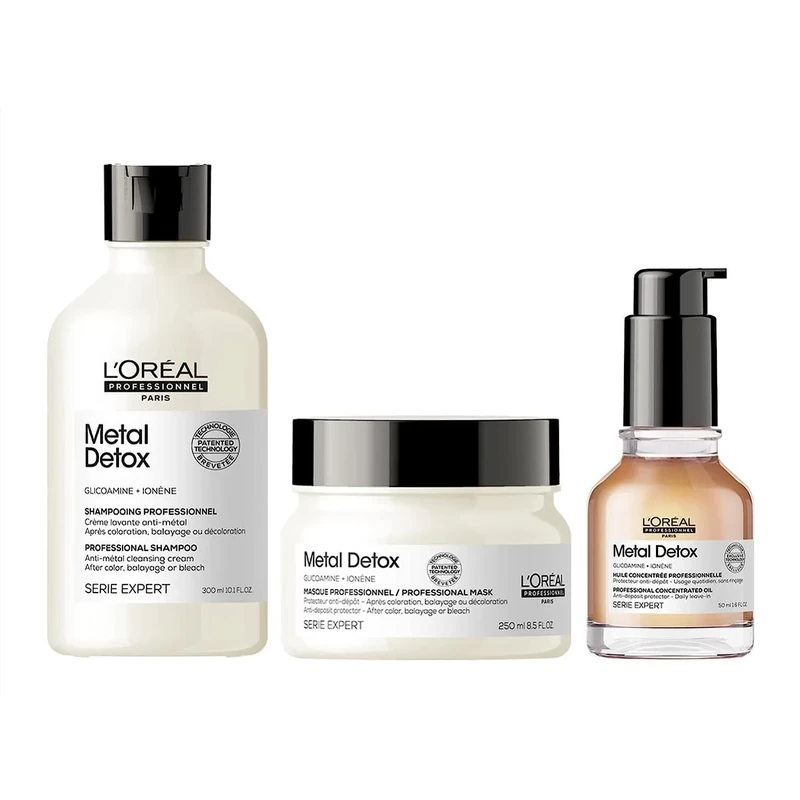 L’Oréal Professionnel Metal Detox Shampoo 300ml, Hair Mask 250ml & Leave-In Cream 100ml, Prevent Breakage & Colour Fade from hard water, for damaged, dull hair