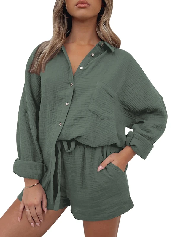 AUTOMET Women's 2 Piece Lounge Sets Casual Comfy Outfits Long Sleeve Button Down Oversized Shirts And Shorts Fall Tracksuit, Armygreen, Small
