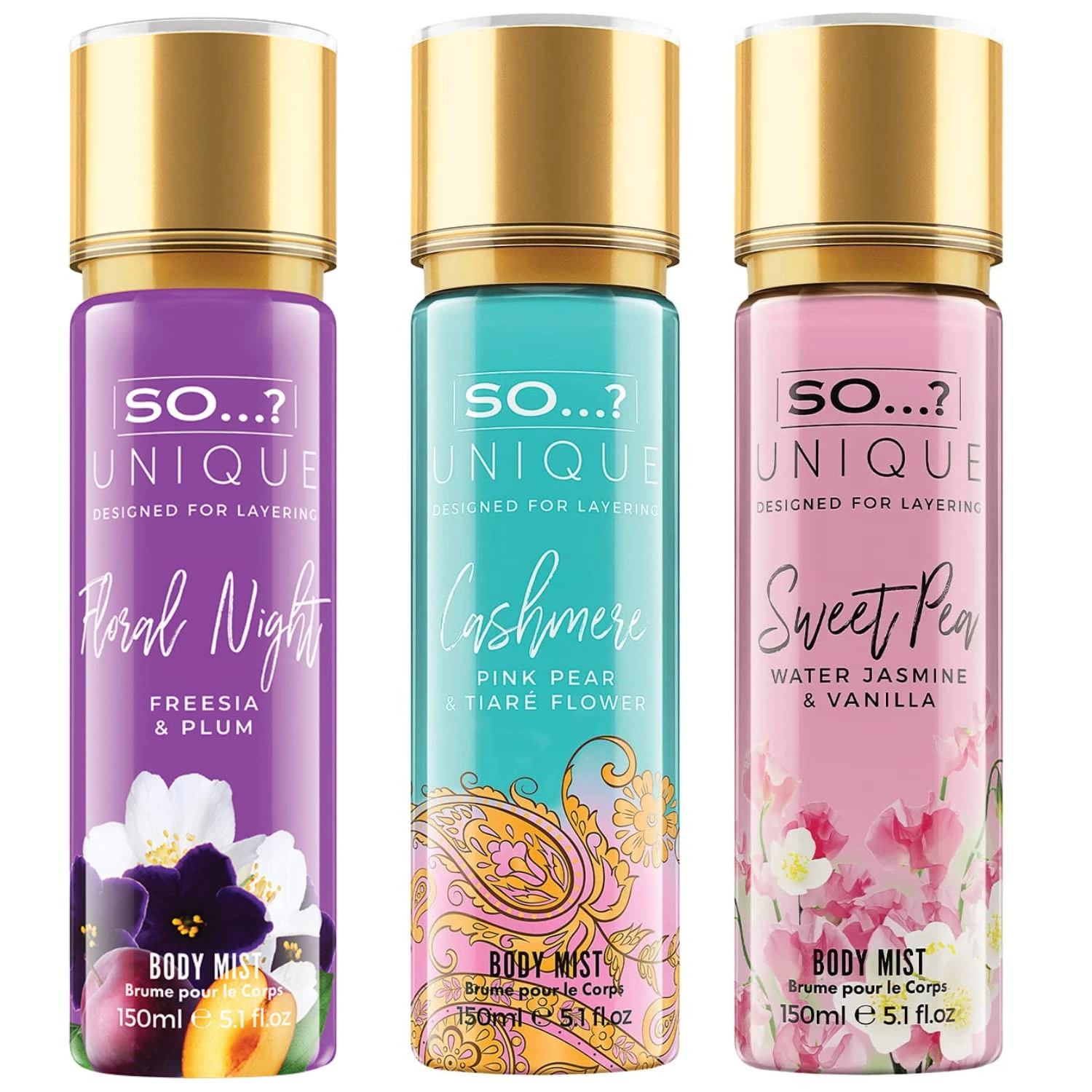 So…? Unique Womens Body Mist Bundle Floral Night, Cashmere, Sweet Pea Body Spray Mixed Fragrance Set 150ml (Pack of 3)