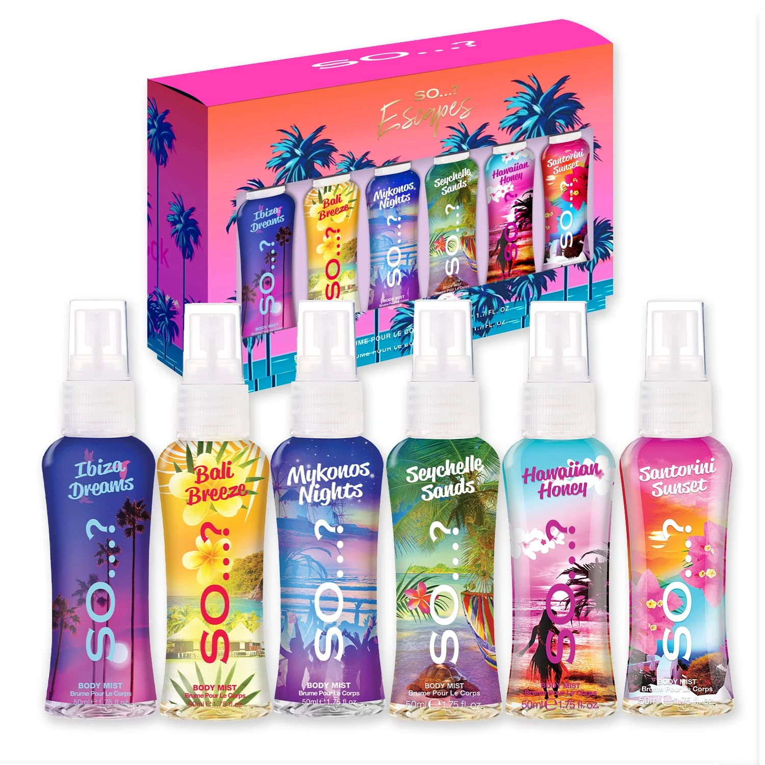 So…? Escapes Grande Womens Gift Set with Ibiza Dreams, Bali Breeze, Mykonos Nights, Santorini, Seychelle Sands, Hawaiian Honey, Body Mist Fragrance Spray Set (6 x 50ml.)§