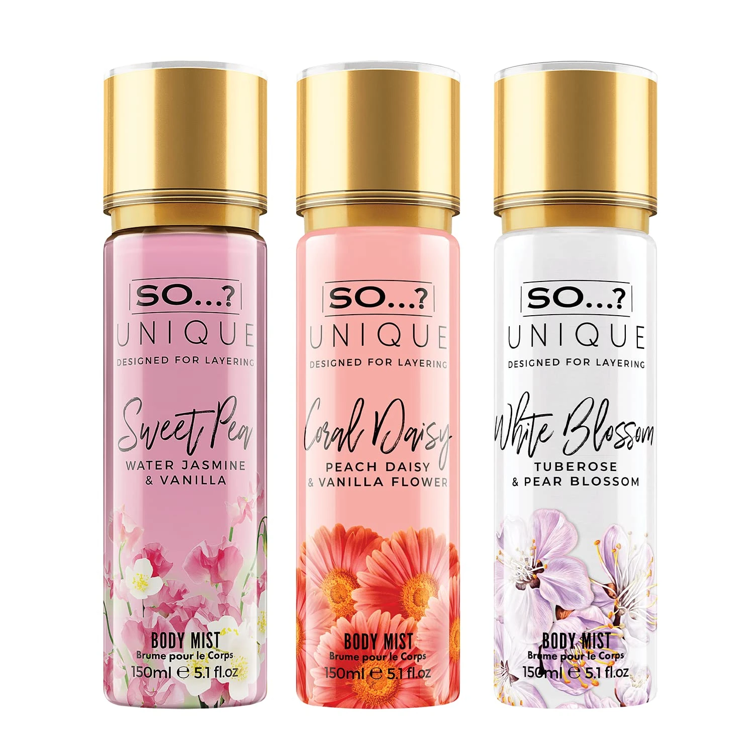 So…? Unique Womens Summer Breeze Bundle Sweet Pea, Coral, White Blossom Body Mist Spray Mixed Fragrance Set 150ml (Pack of 3)