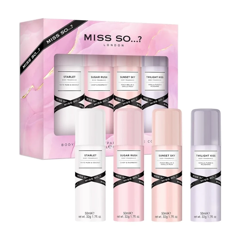 Miss So...? Mini Galore Womens Body Fragrance Gift Set, with Starlet, Sugar Rush, Sunset Sky & Twilight Kiss, Body Fragrance Set (4x50ml)