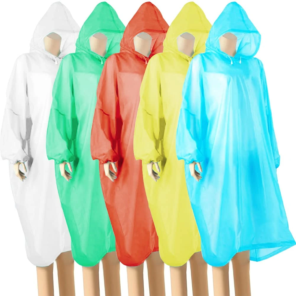 wehers 5 Pack Disposable Rain Ponchos - One Size Waterproof Emergency Raincoats for Adult With Hood and Sleeves Ideal for Festivals, Camping, Fishing, Theme Parks( 5 Colors)