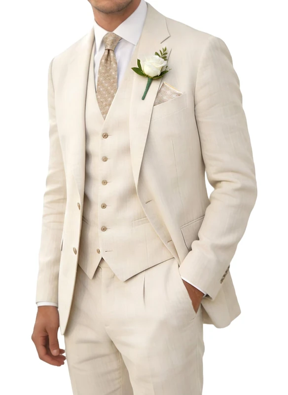 Wehilion Retro Linen Men Suit Beach Wedding Suit Summer Slim Fit 3 Pieces Light Weight Linen Suit Jacket Vest Pant Tuxedo, Beige, M