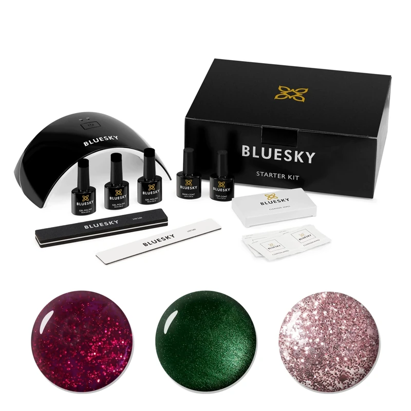 BLUESKY Gel Nail Polish Starter Kit - 24W UV LED Lamp, 3 x 10ml Gel Polishes, Glitters, Cleanser Wipes, Base and Top Coat, Nail File